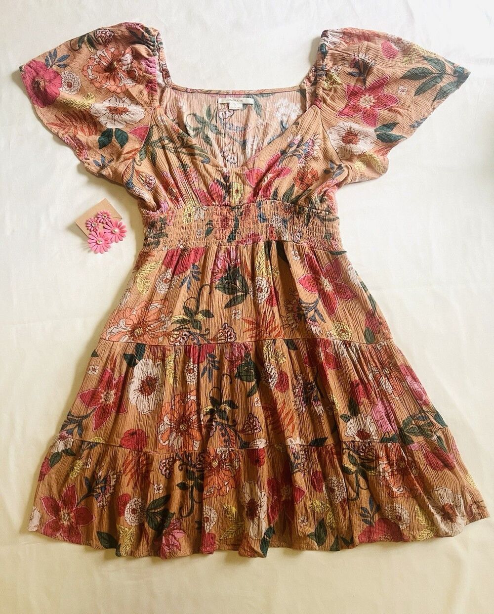O'Neill Layken Camella Mini Dress S Floral Cottagecore Boho Bonus Daisy Earrings